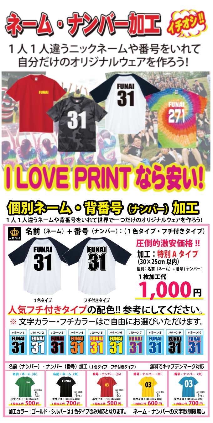 ネームナンバー加工